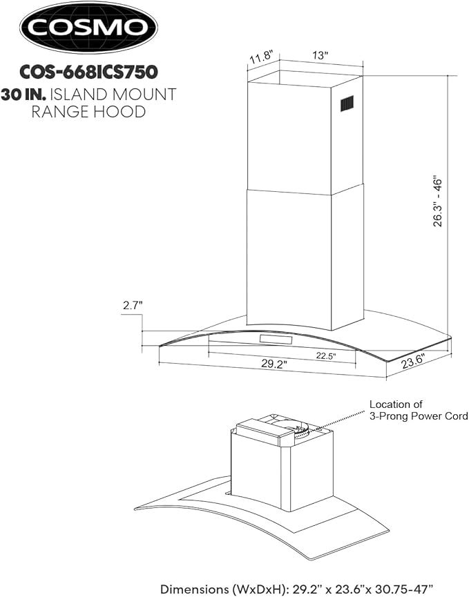 COSMO COS-668ICS750 30 in. Lumin Collection 380 CFM Ducted Island Range Hood, Soft Touch Controls, LED Lights, Stainless Steel