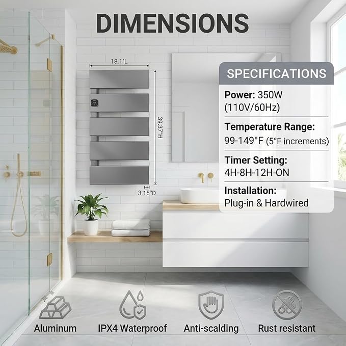 L Series Electric Towel Warmer for Bathroom, 5 Panel, Gun Gray | Thermo Control and Timer, Fast Heat in 3 Mins, Dry Towels in 4 hrs, Memory Function, Work with Smart Plug, Left-Wiring
