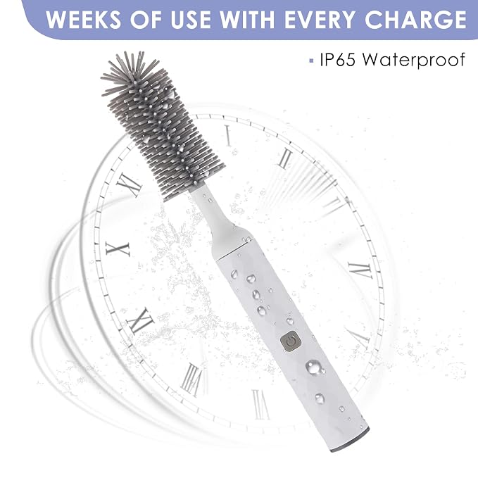 Electric Baby Bottle Brush Set with Electric Bottle Brush and Silicone Bottle/Nipple Brush, Long Straw Cleaner, Rechargeable Bottle Cleaner Electric,Waterproof Water Bottle Cleaner,White