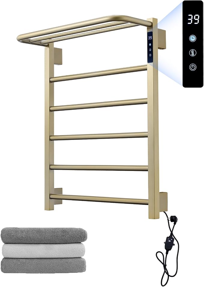 Modern Electric Towel Warmer, Wall Mounted Heated Towel Rack in Brushed Gold, Smart Temperature Control with LED Display
