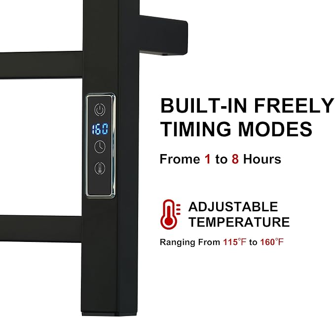 Heated Towel Racks for Bathroom, Wall Mounted Electric Towel Warmer Racks with Timer & Temperature Control, 6 Bar Stainless Steel Towel Heater for Bathroom, Matte Black, Plug-in