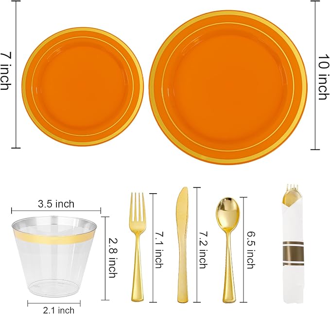 DaYammi 350PCS Orange Gold Plastic Dinnerware Set for 50 Guests, Fancy Disposable Plates for Party, Include: 50 Dinner Plates, 50 Dessert Plates, 50 Pre Rolled Napkins with Gold Silverware, 50 Cups