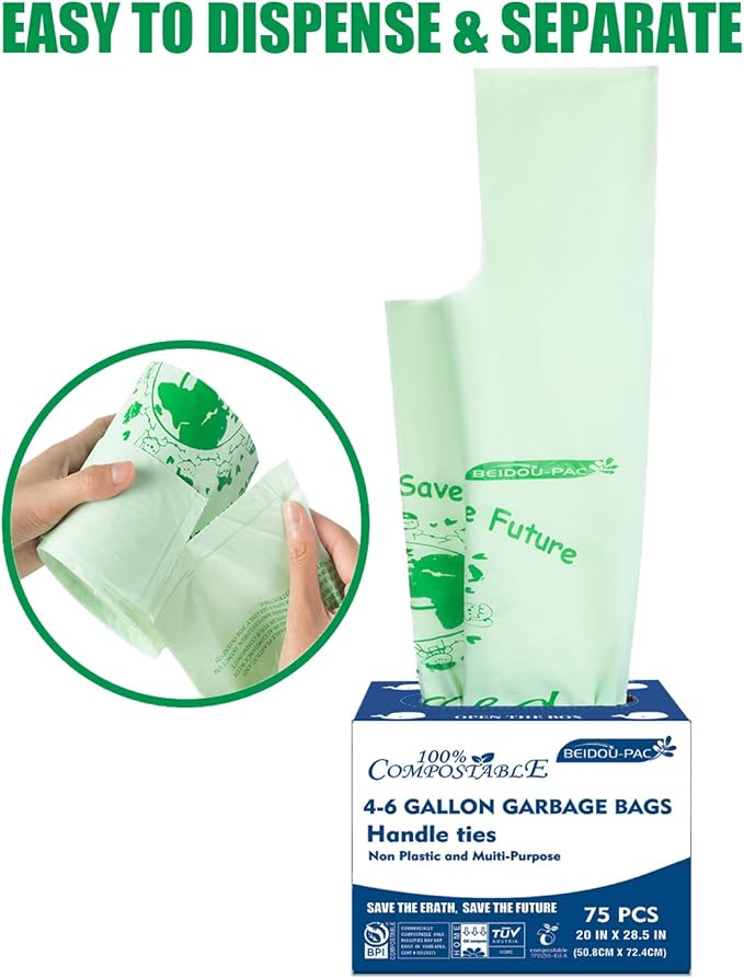BEIDOU-PAC 4-6 Gallon Compostable Trash Bags, 75 Count, Kitchen Compost Bags With Handle, Sturdy Biodegradable Garbage for Food Scrap Waste, ASTM D6400, US BPI Certified