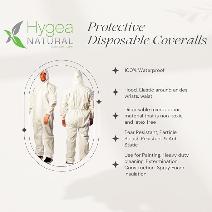 Hygea Natural Spotless Essentials 2-in-1 all purpose cleaner and Mite Spray Lavender Breeze Scent 24oz + Disposable Coveralls Full Body Protective Clothing suit with hood (Large) Bundle