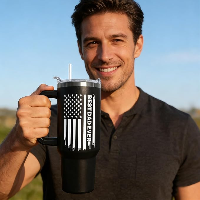Ceovfoi 40 oz Dad American Flag Tumbler with Handle Lid and Straw,Black Dad Stainless Steel Cups Mug water Botter,Fathers Day Gift For Dad from Gaughter