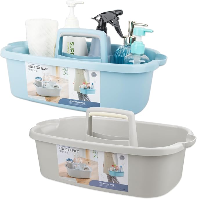 JiatuA Large Cleaning Supplies Organizer with Handle Portable Shower Caddy Basket Plastic Bucket Tool Storage for Bathroom, Bedroom, Kitchen, College Dorm, Under Sink, Garden, Blue & Light Grey