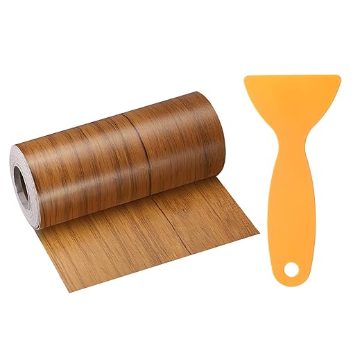 HARFINGTON Wood Grain Repair Tape 4 Inch x 33ft Self Adhesive Repair Patch Tape Simulated Wooden Floor Tapes with Plastic Scraper for Tables Doors Windows Furniture, Dark Brown Wood