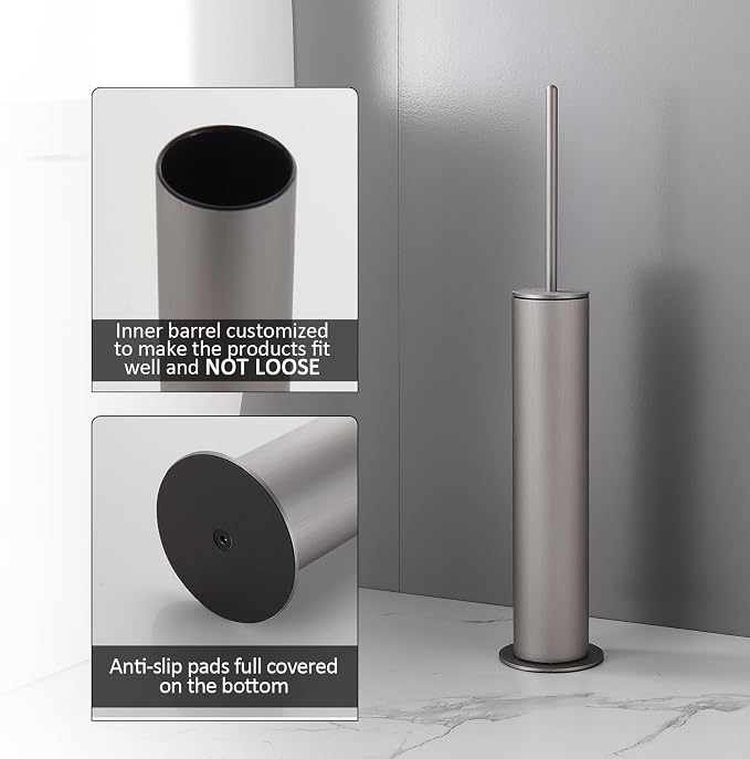 BGL Toilet Brush with Holder Set Brushed Nickel Aluminium Standing for Bathroom Toilet Bowl Cleaner Brush and Holder Set, Round Design