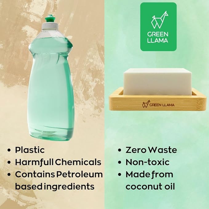 Green Llama Dish Washing Bar Soap Set with 2 Solid Coconut Oil Bars, Sisal Scrub Brush & Bamboo Holder, Fragrance-Free Kitchen Cleaning Set