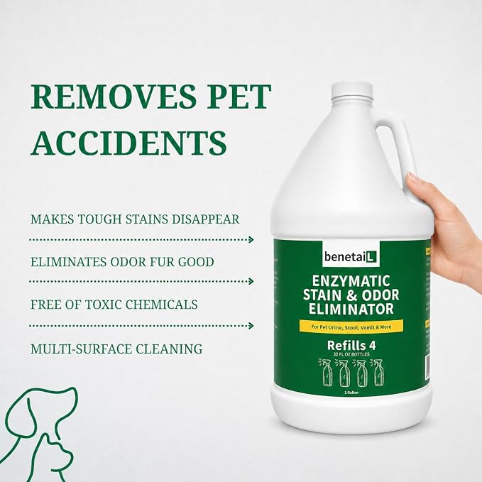 | Pet Enzymatic Stain & Odor Eliminator for Strong Odors Around the Home - Carpet Cleaner for Dog & Cat Urine - Gallon Jug