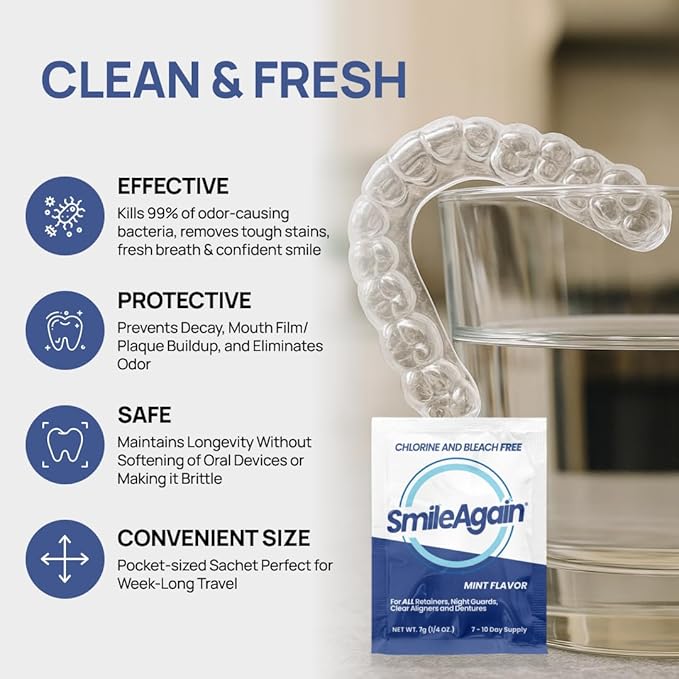 SmileAgain Retainer Cleaner - 180-220 Cleanings 22 Pack/6 Month Supply - for Clear Aligners, Dentures, Mouth Guards & Night Guards - Our Oral Appliance Cleaner & Denture Care Powder - Mint Flavored