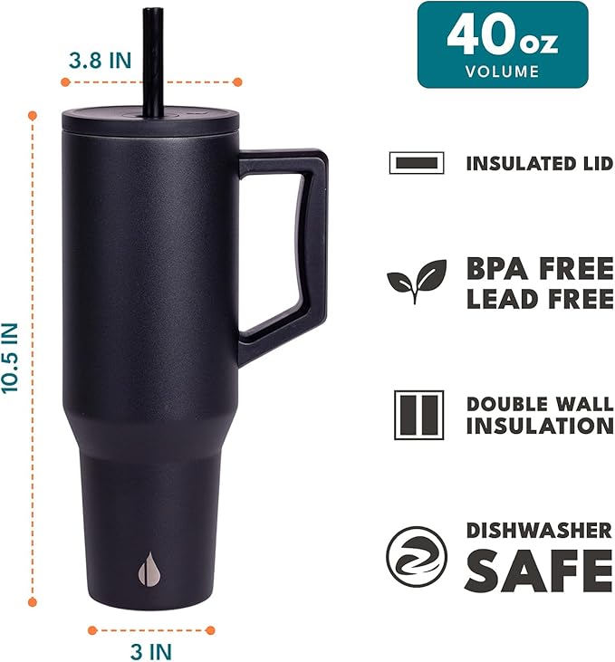 Elemental 40 oz Tumbler with Handle and Straw - Spill Proof Insulated Stainless Steel Commuter for Cold Beverages - Travel Coffee Mug with 2 Straws & Spill Proof Lid - 40oz - Black