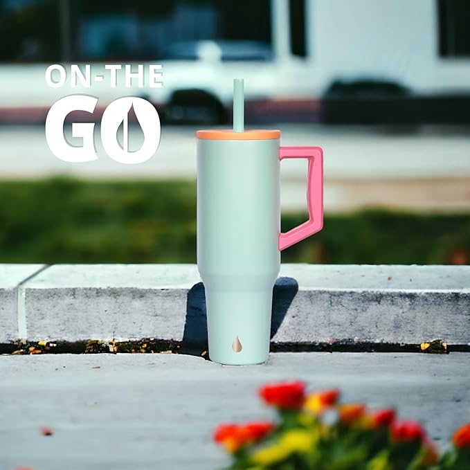 Elemental 40 oz Tumbler with Handle and Straw - Spill Proof Insulated Stainless Steel Commuter for Cold Beverages - Travel Coffee Mug with 2 Straws & Spill Proof Lid - 40oz - Mint Sorbet