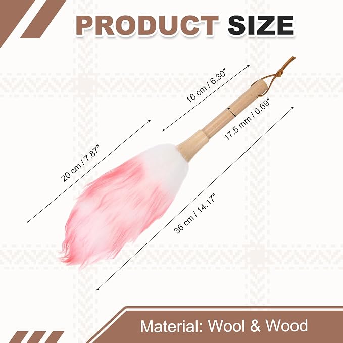 uxcell Wool Duster, 14.2" Natural Feather Cleaner Household Cleaning Duster with Solid Wooden Handle for Cleaning Fans Window Blinds Shelves Furniture, White Pink
