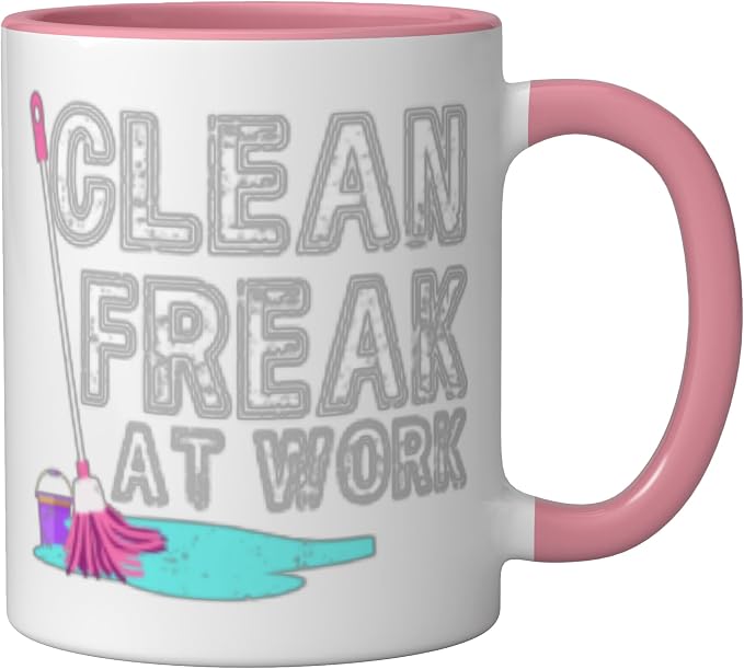 Clean Freak at Work Cleaning Ceramic Mug, Pink/White