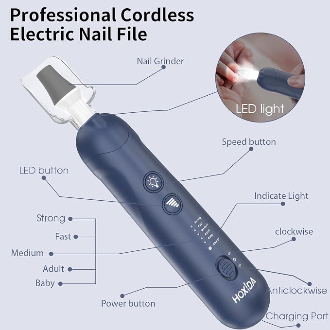 Manicure Pedicure Kit with Case, Professional Nail Grinder for Senior Thick Toenail, Cordless Electric Nail File, 5 Speeds Pedicure Tools for feet Callus Remover (Navy Blue)