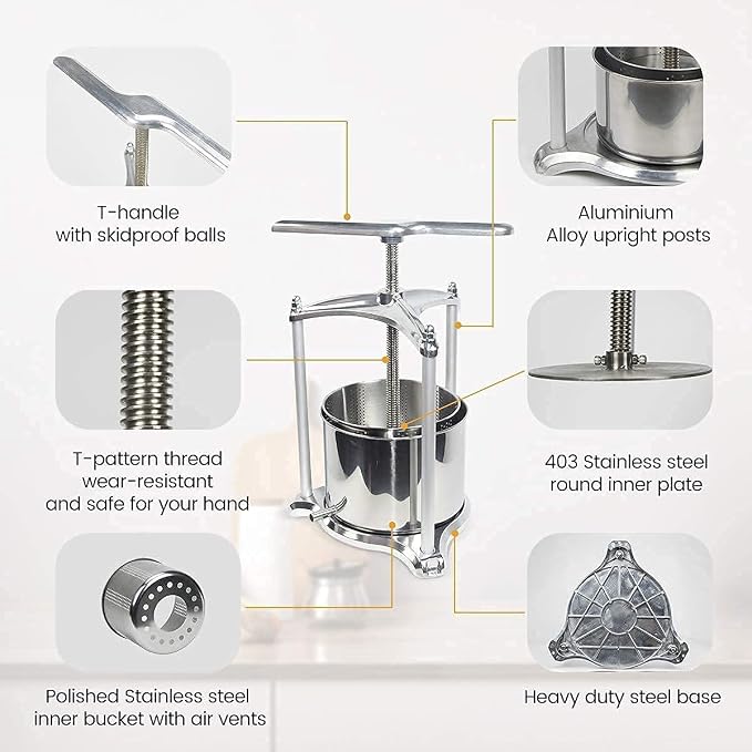 Fruit Wine Press with filter bag - 100% Natural Juice Making for Apple/Carrot/Orange/Berry/Vegetables,Food-Grade Stainless Steel Cheese&Tincture&Herbal Press