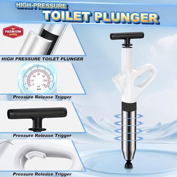 Toilet Plunger,High Pressure Toilet Plunger Heavy Duty,Toilet Auger Air Drain Blaster with Pressure Gauge,Toilet Unclogger for Bathroom and Plumbing Clogs