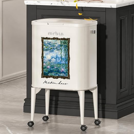 MRBIN Metal Kitchen Trash Can with Wheel Legs, 36L / 9.5gal Medium Press Lid Slim Removable Waste Basket, Pet Proof Tall Narrow Garbage Pail for Vanity, Bedroom, Bathroom, Living Room, Water Lily