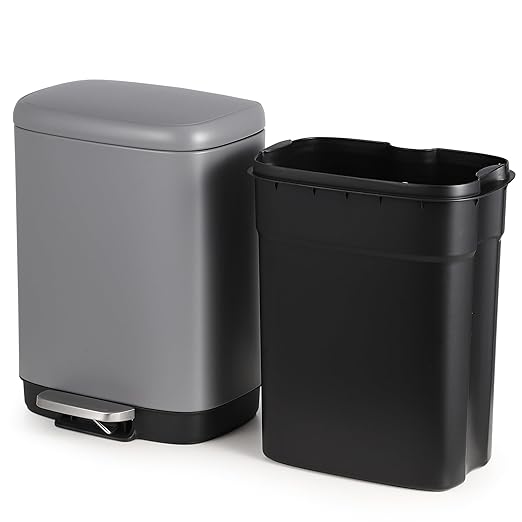 12L Bathroom Trash Can with Lid, Stainless Steel Kitchen Trash Can with Odor-Protective Lid | Hands-Free, with Foot Pedal and Trash Bag Ring, Removable Inner Bin, Suitable for Bathrooms, Gray