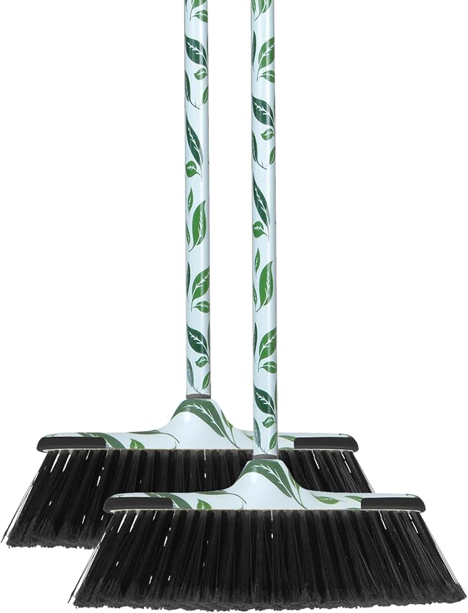 Superio Leaf Design Sweeping Broom for Home & Kitchen, Horsehair Bristle Push Broom with 48-Inch Wooden Handle, Indoor & Outdoor Floor Cleaner for Hardwood, Tile, Granite, Parquet, Pack of 2