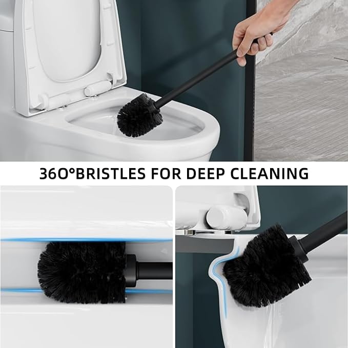 Toilet Brush and Holder Set, 2 PCS Decorative Toilet Bowl Brush and Holder Set Bathroom Aceessories Toilet Scrubber Brush Set with Heavy-Weight Resin Base with Long Handle (Black)