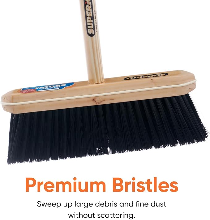 Superio Kitchen Broom Premium Black Tampico Bristles, Wood USA Handle, Heavy Duty Household Broom - Easy Swiping Dust and Wisp, Home, Kitchen Bedroom, Lobby, Floors and Corners