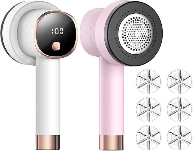 2 Pack Rechargeable Fabric Shaver Combo: LED Display, 3 Speeds Control and 6-Leaf Blades, Portable Lint Shavers to Remove Fuzz Ball Pilling from Sweater Furniture, Pink+White