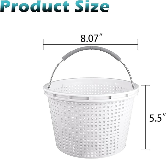 8" Pool Skimmer Basket for Inground Pool Compatible with Pentair U-3 Skimmer Basket 08650-0007 and Hayward SP1070 Pool Basket Stainless Steel Handle Rubber Grip & Built in Weighting White 2 Pack