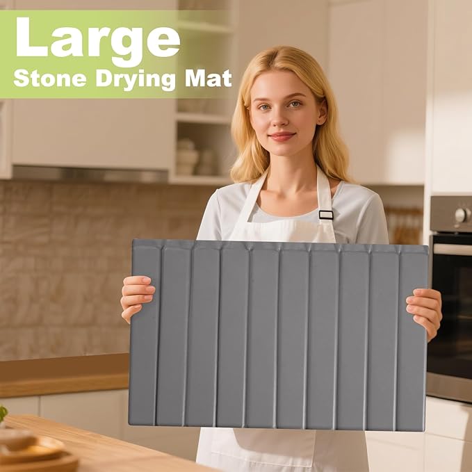 Oxydrily Large Stone Drying Mat for Kitchen Counter, Ultra Absorbent Diatomaceous Earth Mat with PU Leather Cover Fast Drying Collapsible, Dish Mats for Dishes Buttles Cups Countertop Gray 23.6"x15.3"