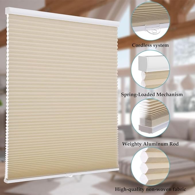 MYshade 1.5-Inch Cellular Cordless Light Filtering Shades, Honeycomb Window Blinds for Soft Daylight & Privacy, Thermal Insulation, Child Safe, Inside or Outside Mount (22" W x 50" H, Beige)