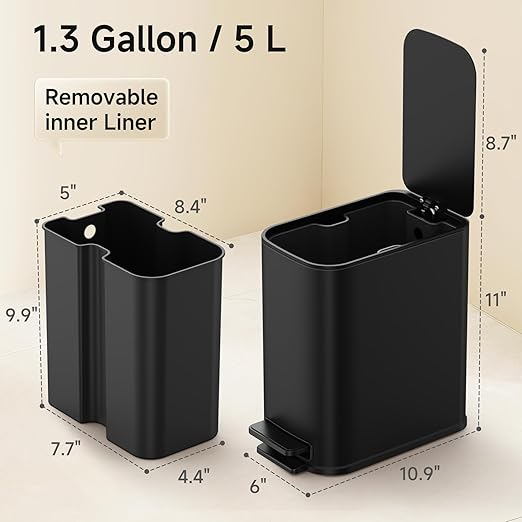 TIPGO Small Bathroom Trash Can with Lid Soft Close, Step Pedal, 1.3 Gallon / 5 Liter Stainless Steel Slim Garbage Can for Office, Diaper Waste Basket with Removable Inner Bucket (Matte Black)