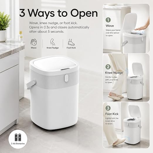 WM-DZT-12-36S Smart Motion Sensor Trash Can, Ultra-Quiet Soft-Close | Long Battery Life | Built-in Bag Storage & Portable PU Handle (White)