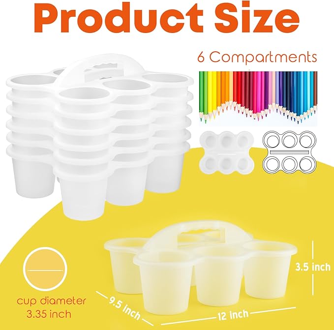 ALINK 6 Pack Classroom Caddy Storage Basket with Handle, Plastic Drink Cup Caddy Holder, 6 Compartments for Kids, Table, Office, Arts, Crafts, Crayon, Marker, Pencil, School Supplies - Frosted