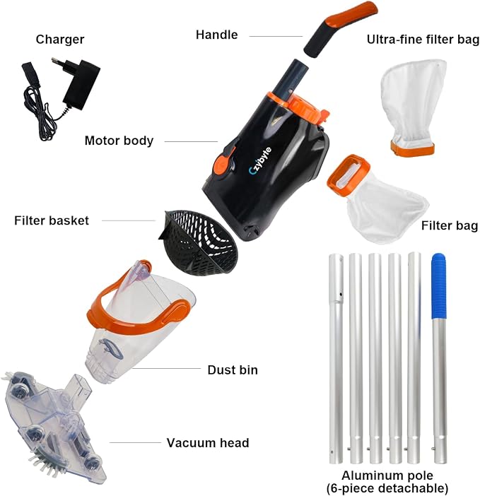 Handheld Pool Vacuum Cleaner, Rechargeable Pool Bottom Cleaner with Strong Suction, 1 H Runtime, 89 inchs Extension Pole,for Above Ground/Inground Pools, Spas and Hot Tubs, Orange and White