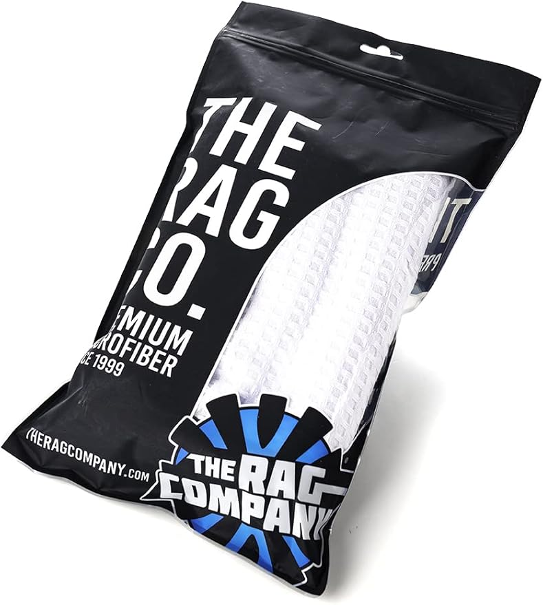 The Rag Company Dry Me A River, Professional Korean 70/30 Blend Microfiber Waffle-Weave Drying & Detailing Towels, Soft Suede Edges, 390 GSM, 20x40 Inches, White, 2-Pack