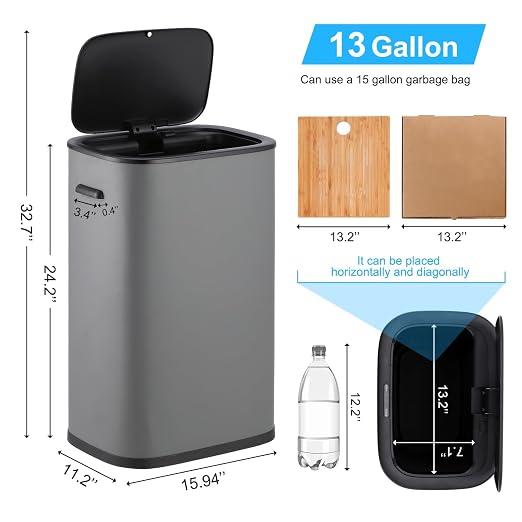 Garvee 13 Gallon Motion Sensor Trash Can, Quiet Close Automatic Touchless Garbage Can, Oval Grey Trash Bin for Kitchen, Home Office