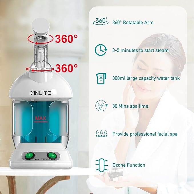 Facial Steamer - Ozone Steamer with 360° Rotatable Arm - 40 Min Steam Time - Humidifier - Unclogs Pores - Blackheads - Portable Facial Steamer for Personal Care Use at Home or Salon,White