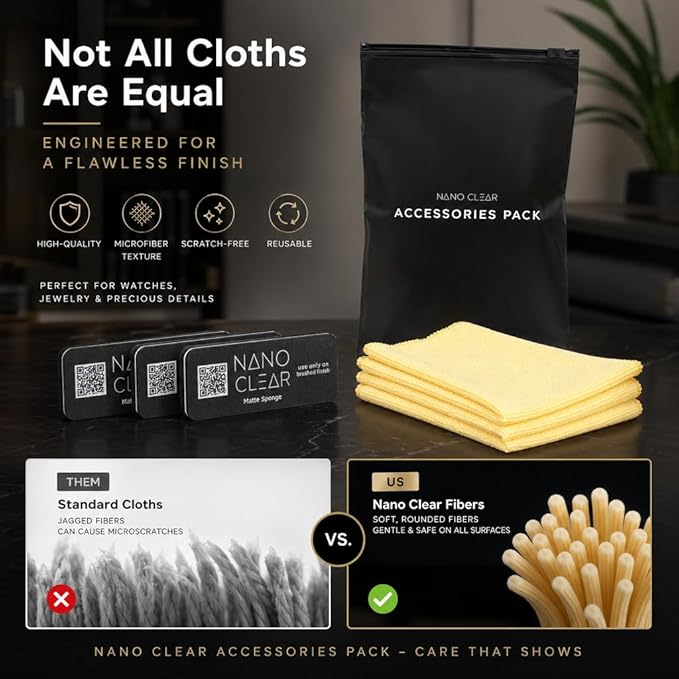 Nano Clear Accessories Pack – 3 Matte Sponges & 3 Microfiber Cloths | Watch Cleaning & Care Kit | Scratch-Free, Reusable, Lint-Free Cloth for Watches & Jewelry
