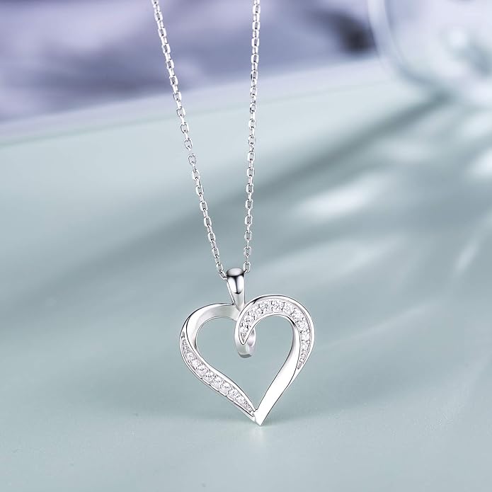 Billie Bijoux Silver Love Heart Necklace 925 Sterling Silver Platinum Plated Round CZ Woman's Jewelry Gifts for Women