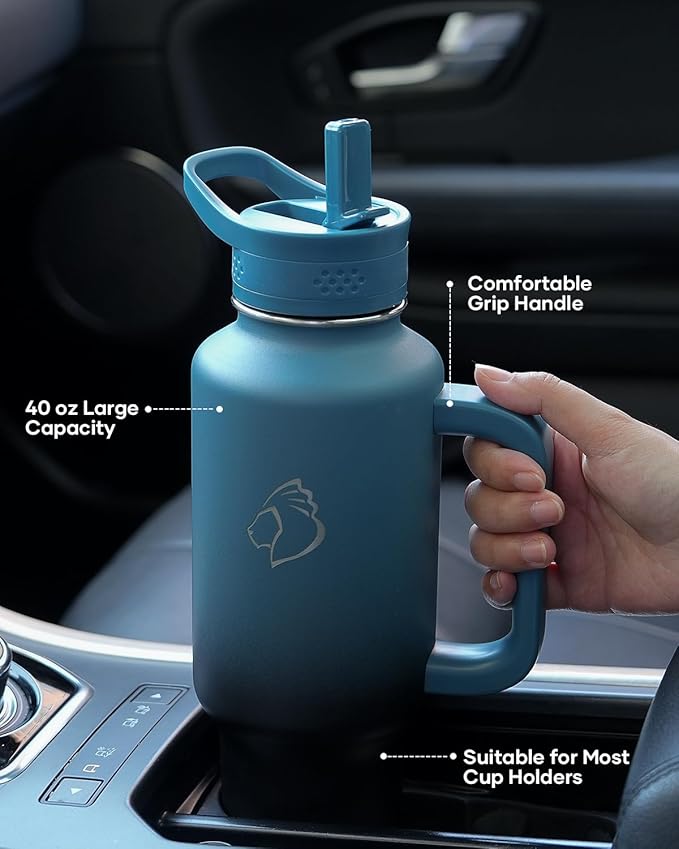 BUZIO 40 oz Tumbler with Handle and Straw, Stainless Steel Insulated Water Bottle Fits in Cup Holder with Straw & Spout Lid, Leak-Proof BPA-Free Travel Tumbler Keep Cold 48hrs &Hot 24hrs, Indigo Crush