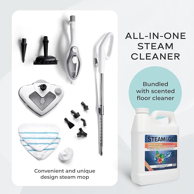 Steam & Go - The Housekeeper Steam Cleaner For Floors & Demineralized Water Bundle, 10-in-1 Hard Floor Cleaner Machine & Grout Steam Cleaner with Floor Cleaning Solution, 32 oz, Tropical Bloom Scent