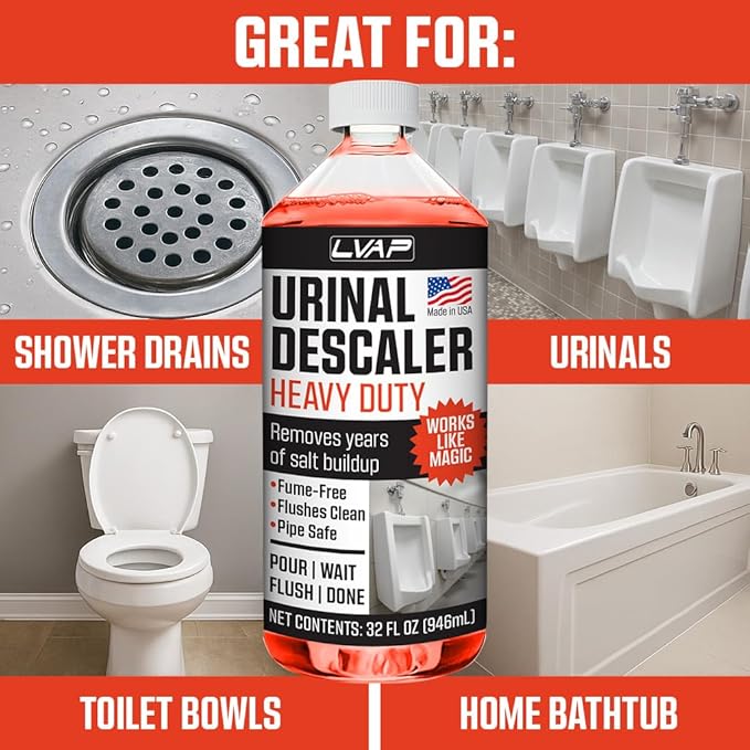 LVAP Heavy Duty Urinal Salt Remover – Made in USA – Commercial Grade Urinal Drain Cleaner & Odor Eliminator. Removes Salt, Calcium, Rust and Scale Build Up – 32 fl oz Bottles - 12 Pack