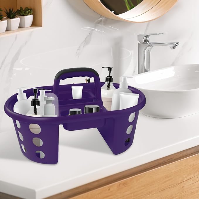 SIMPLYKLEEN Large Shower Caddy Portable 2PC - Made in USA Plastic Jumbo Size Dorm Storage Candy Tote with Handle Shower Organizer for Bathroom, Pantry, Kitchen, College Dorm, Purple
