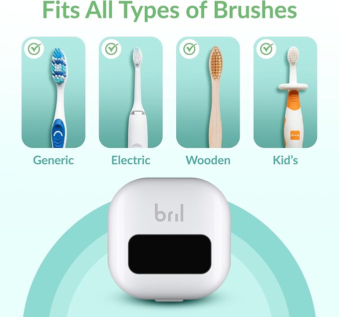 Bril UV-C Toothbrush Sanitizer and Holder – Wall Mounted, Rechargeable, 30-Day Battery, Magnetic Mount, Fits Electric and Manual Brushes, Portable Travel Case, Auto-Shutoff – White