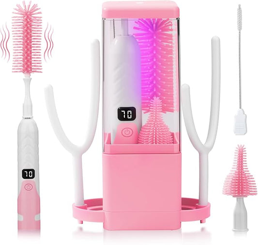 Electric Bottle Brush Cleaner with Drying Rack & LED Display, Rechargeable Baby Bottle Cleaning Kit, 360° Automatic Bottle Washer for Travel & Home, Silicone Spin Brush Set for New Parents, Pink