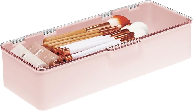 mDesign Long Plastic Cosmetic Storage Organizer Box Containers with Hinged Lid for Bedroom, Bathroom Vanity Shelf or Cabinet, Holds Masks, Palettes, Lotion, or Nail Polish, 2 Pack - Light Pink/Clear