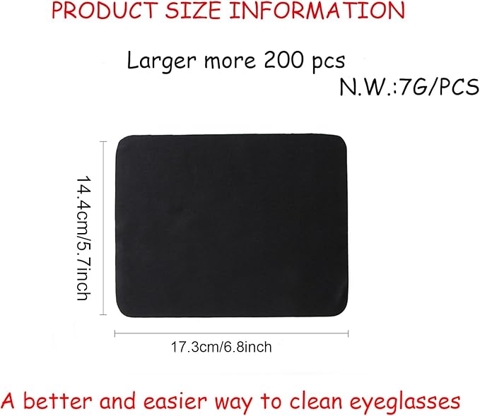 200PCS Eyeglasses Lens Cleaner Cloth,Black Microfiber Glasses Cleaner Cloths Bulk Glass Cleaning Cloth for Sunglasses Eye Glasses Phone Screens Camera Electronics Lens Large Thick 5.7 * 6.8 in