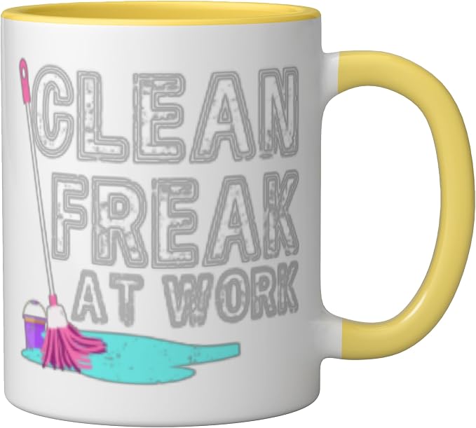 Clean Freak at Work Cleaning Ceramic Mug, Yellow/White