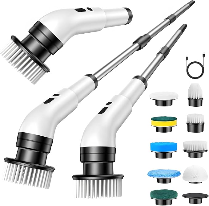 Electric Spin Scrubber, Cordless Bathroom Scrubber Brush with 9 Replaceable Heads,3-Speed Electric Scrubber with Adjustable Handle,IPX7 Shower Scrubber for Bathroom Tile,Kitchen Countertop,Car Trunk